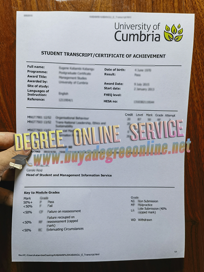 University of Cumbria transcript